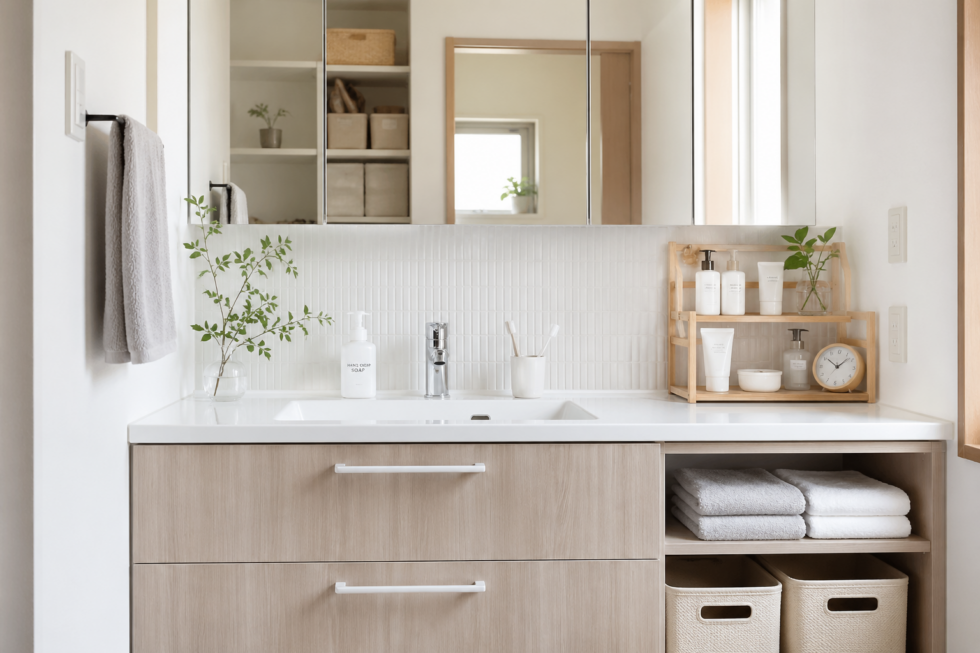 洗面台周りを整えて掃除しやすくした収納例